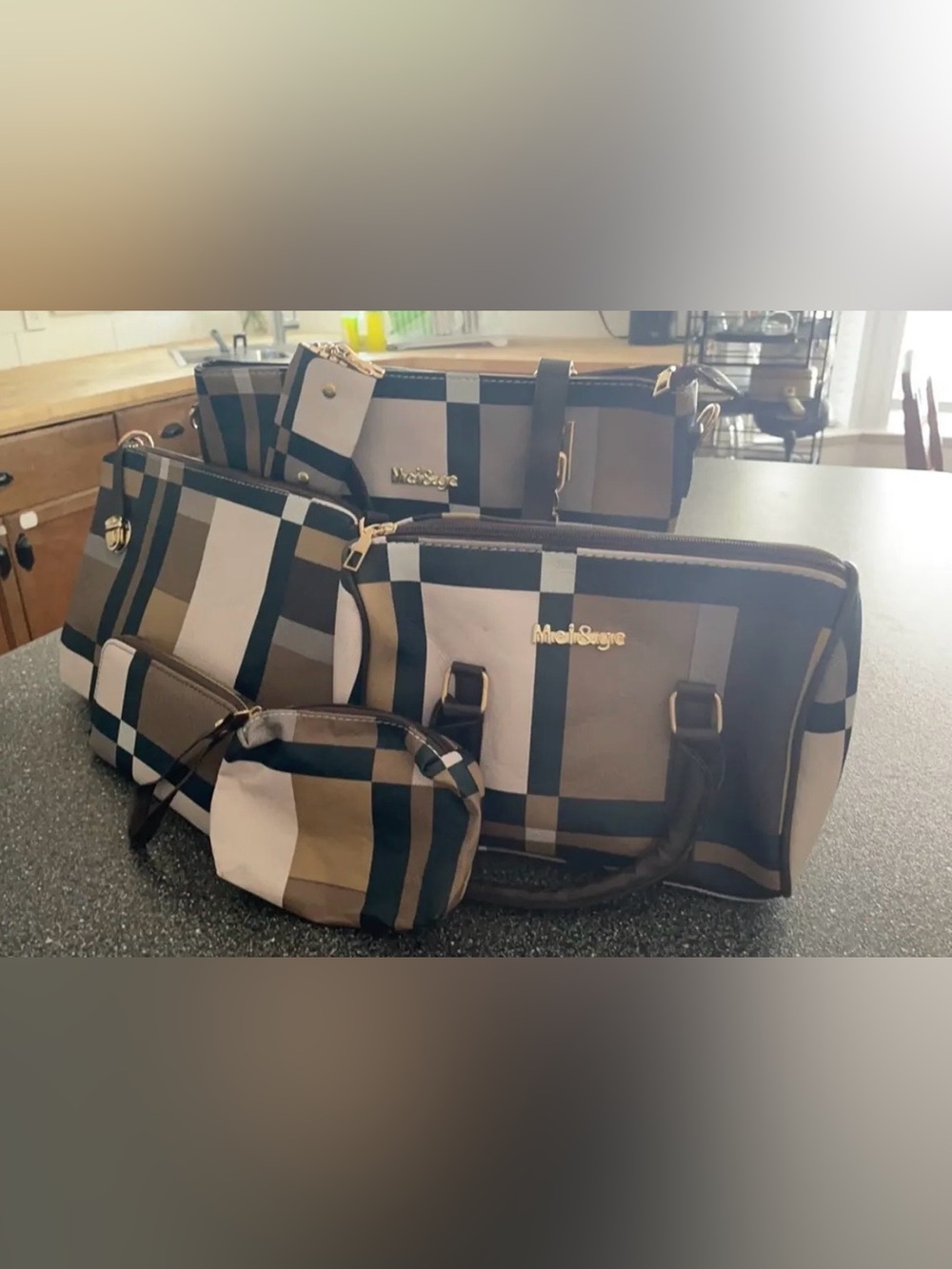 Brown Plaid Travel Bag Set - 6 Piece - Picture 1 of 1
